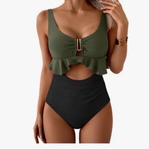 NWT B2prity Tummy Control One-Piece Ruffled Swimsuit Army Green & Black Size M